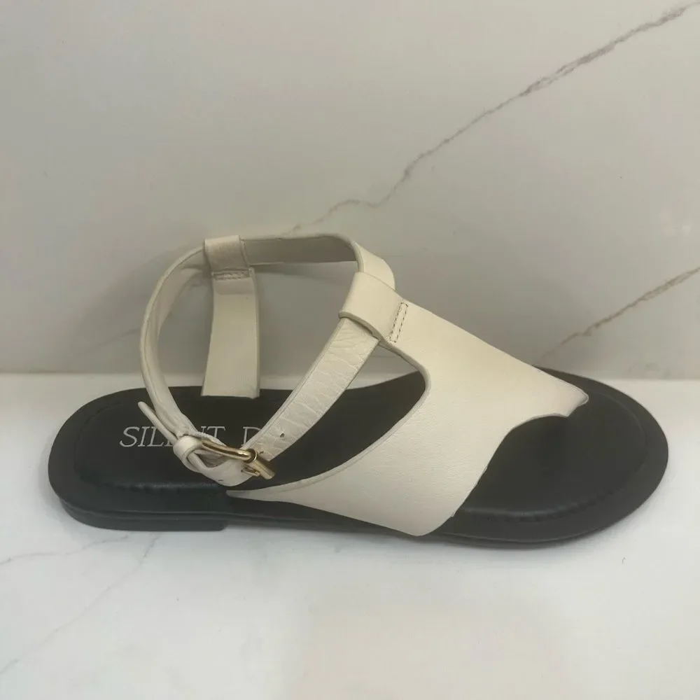 Silent D White Leather T-Strap Thong Sandals Minimalist Flat Sandal